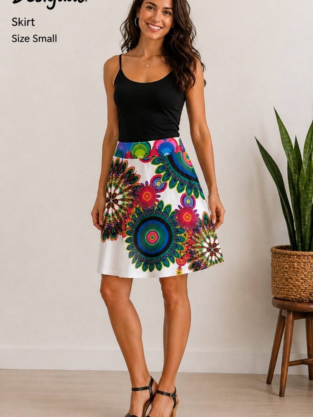 Desigual White Multi Floral Print A-Line Skirt